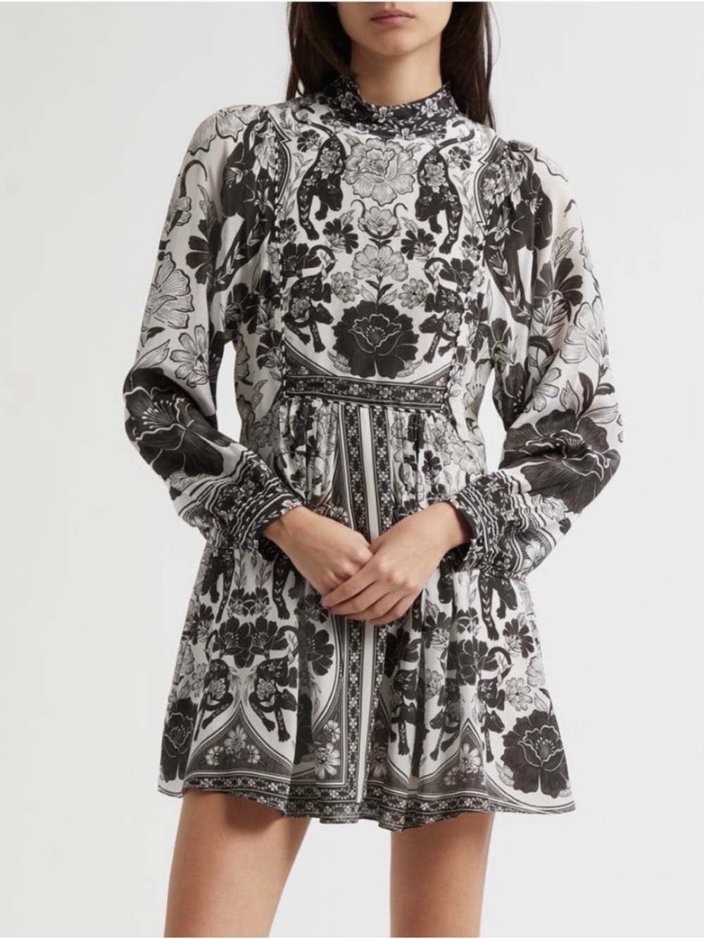 FARM Rio Black & White Floral Long-Sleeve Mini Dress NWT